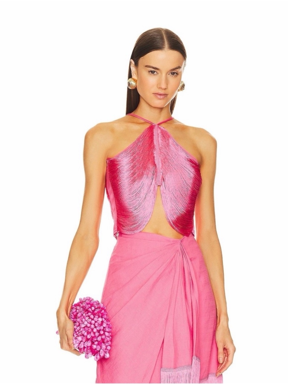 cult gaia Pink Fringe Halter Crop Top